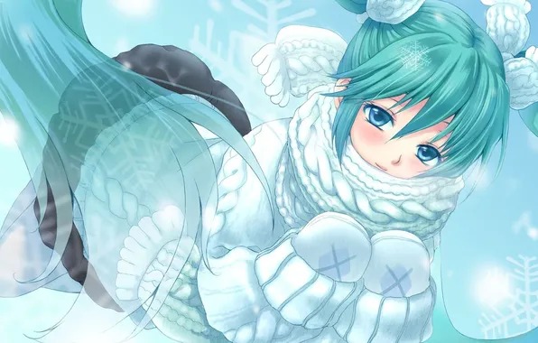 Picture winter, girl, snowflakes, vocaloid, hatsune miku, scarf, Vocaloid, mittens