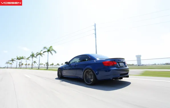 Road, blue, palm trees, BMW, speed, BMW, blue, vossen