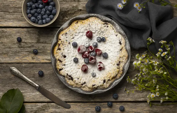 Flowers, berries, raspberry, table, Board, chamomile, towel, blueberries