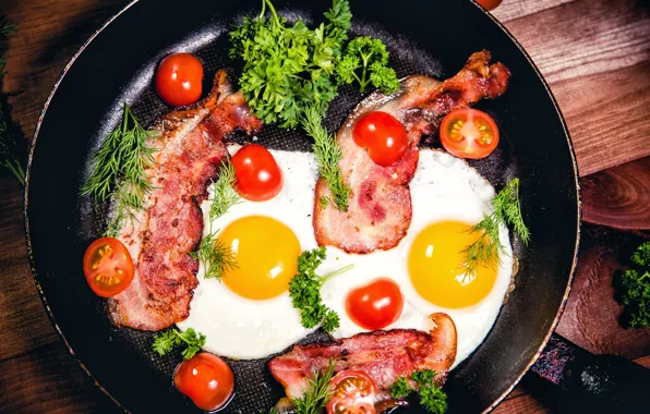 Greens, eggs, scrambled eggs, tomatoes, bacon, eggs, tomatoes, pan