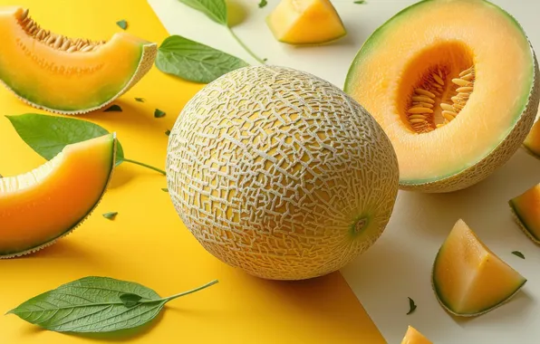 Summer, leaves, yellow background, slices, slices, melon, half, melon