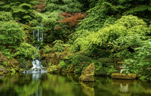 Trees, lake, stones, waterfall, Oregon, Portland, cascade, Oregon