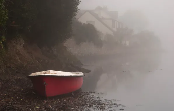Picture fog, river, shore, boat, home, morning