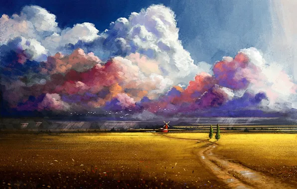 Road, field, clouds, trees, flowers, birds, mill, painted landscape