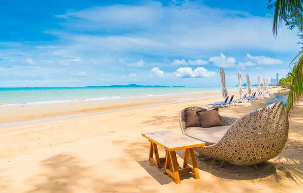 Sand, sea, beach, summer, the sky, shore, vacation, chaise