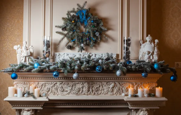 Decoration, balls, toys, tree, candles, New Year, Christmas, fireplace