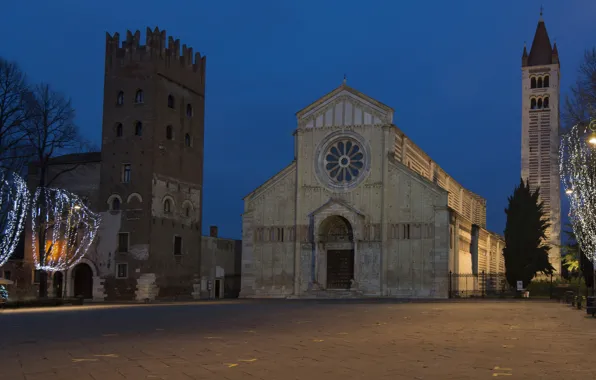 Picture San Zeno Maggiore, Verona, night, Italy, holiday, Basilica, lights