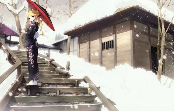 Winter, snow, umbrella, Japan, ladder, kimono, art, wooden house