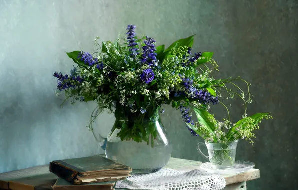 Greens, glass, leaves, light, flowers, table, wall, books