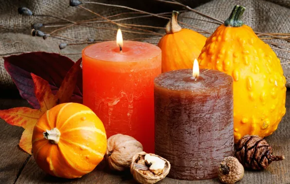 Picture leaves, candles, pumpkin, nuts