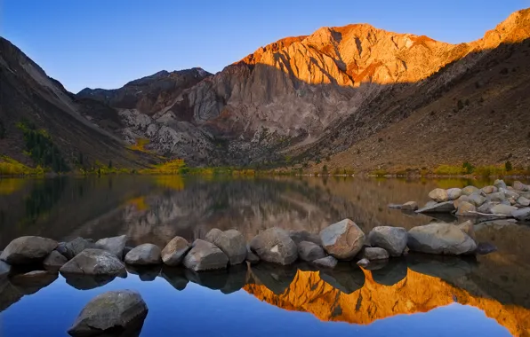 Picture autumn, the sky, reflection, lake, stones, mountain, USA, California