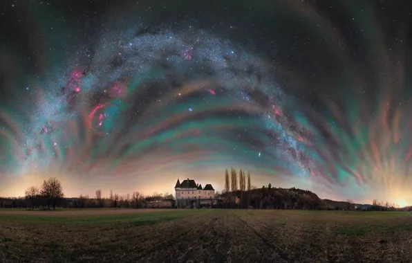 Field, the sky, night, castle, The milky way, architecture
