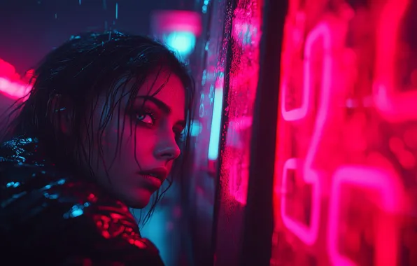 Girl, night, red, face, rain, neon, red, blue eyes