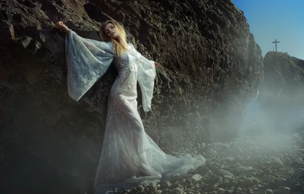 Girl, pose, fog, stones, rocks, white, shore, cross