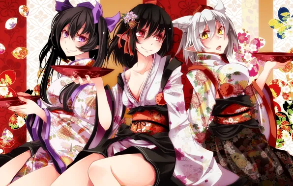 Picture girls, anime, art, kimono, ears, touhou, shameimaru aya, himekaidou hatate