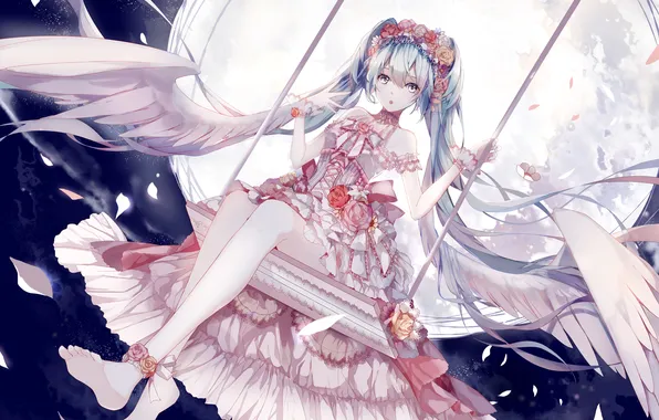 Picture look, girl, swing, the moon, wings, surprise, vocaloid, hatsune miku