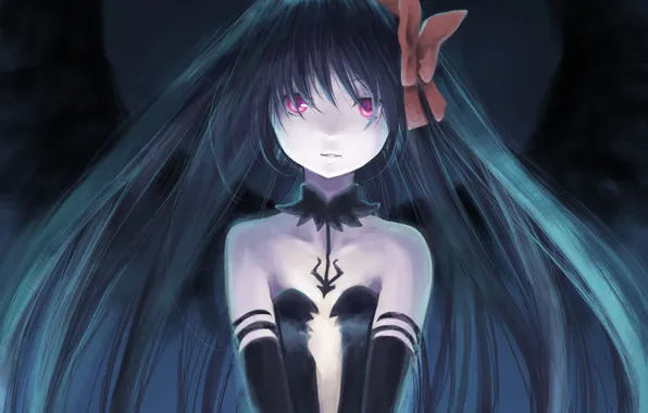 Girl, anime, art, tape, bow, mahou shoujo madoka magica, homura akemi, Girl Madoka