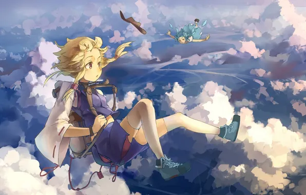 The sky, clouds, flight, girls, hat, anime, art, touhou