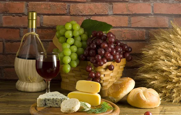 Wine, basket, glass, bottle, cheese, bread, grapes, ears