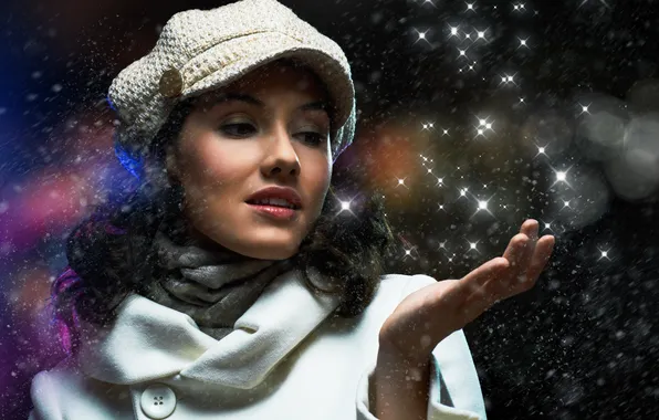 Girl, snow, stars, scarf, coat, cap