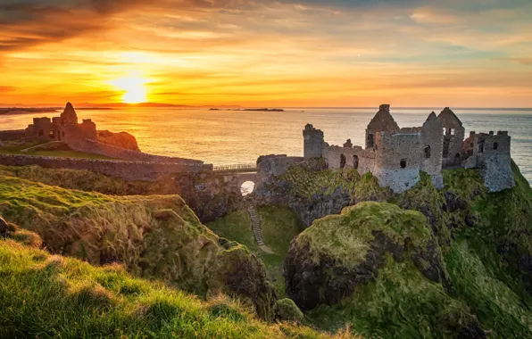 Sea, landscape, sunset, nature, rocks, ruins, Ireland, Dunluce castle