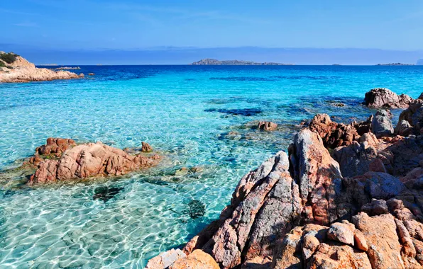 Sea, the sky, transparency, stones, rocks, Bay, horizon