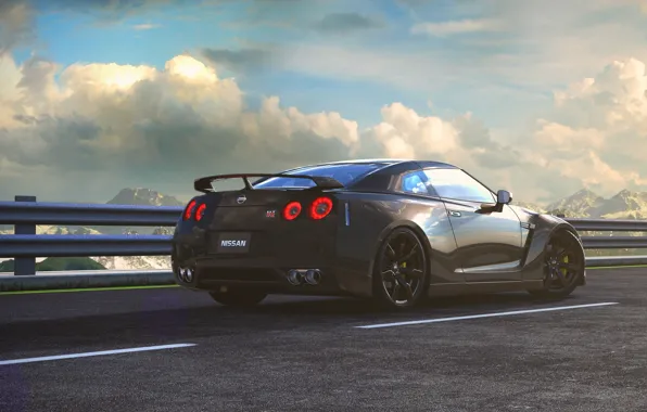 Picture Nissan, GT-R, Car, Sky, Mountains, Road, Wheels, Spoiler