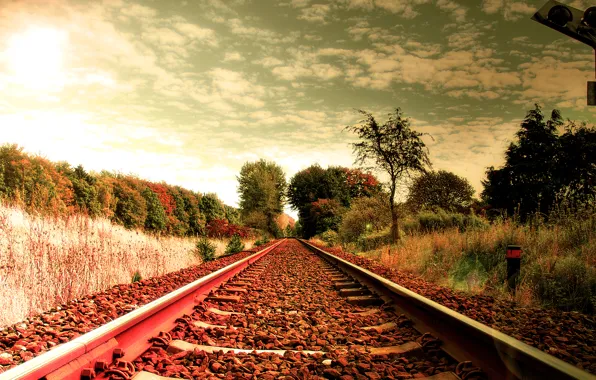 Road, the sky, clouds, trees, stones, rails, crushed stone