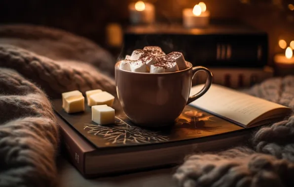 Christmas, Cup, New year, drink, bokeh, marshmallows, AI art, neural network