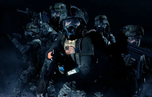 Weapons, gas mask, soldiers, ammunition