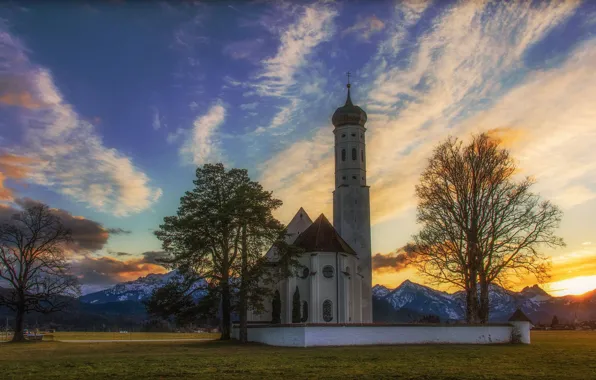 The sky, trees, sunset, mountains, Germany, Bayern, Alps, Church
