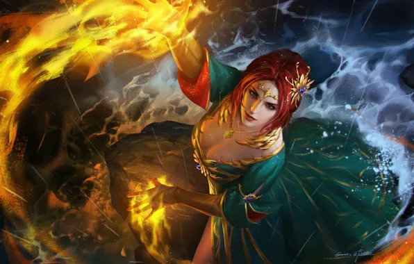 Rain, neckline, red, witch, witchcraft, Diadema, The Witcher, the element of fire