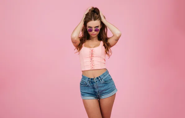 Shorts, woman, beautiful, tattoo, redhead, cute, sunglasses, tank top
