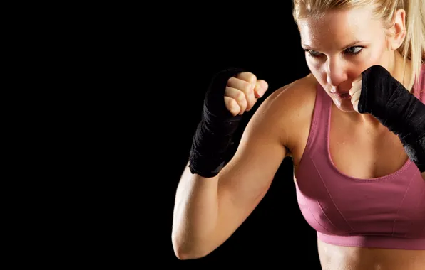 Pose, figure, blonde, fighter, fighter, fists, stand, background black