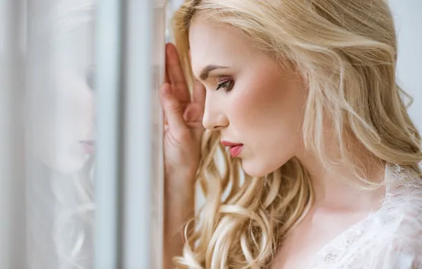 Picture sadness, girl, hair, makeup, window, gentle