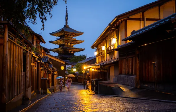 The city, street, home, the evening, Japan, lighting, lights, Kyoto