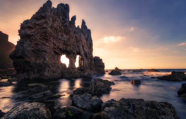 Sea, light, rocks, shore, morning, arch