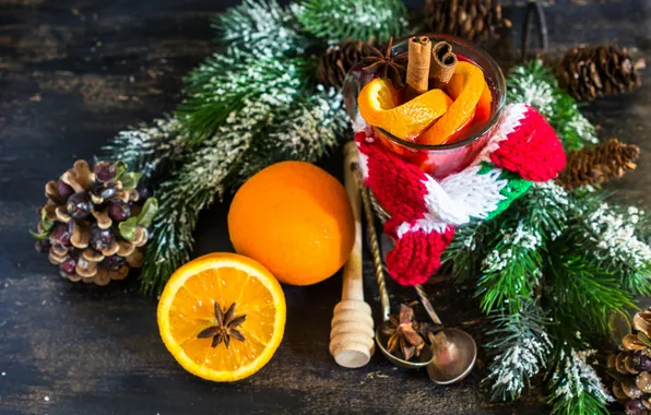 Snow, branches, Board, oranges, scarf, Christmas, mug, New year