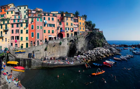 Picture sea, rocks, boat, home, Italy, Riomaggiore, Cinque Terre, The Ligurian coast