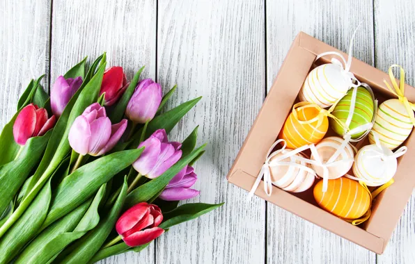 Flowers, eggs, colorful, Easter, tulips, happy, wood, pink