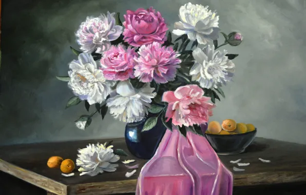 Picture flowers, table, picture, vase, still life, painting, apricots, Lutsenko