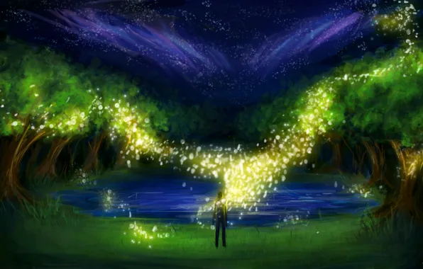 Grass, trees, night, lake, fireflies, people, lights, art