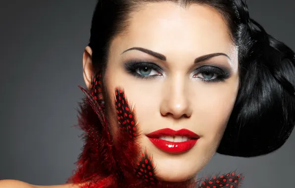 Face, smile, feathers, lipstick, brunette, lips