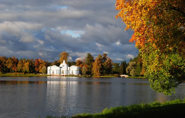 Autumn, the sky, leaves, pond, garden, architecture, Pushkin, Tsarskoye Selo