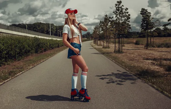Girl, the sun, clouds, trees, shorts, headphones, Mike, figure