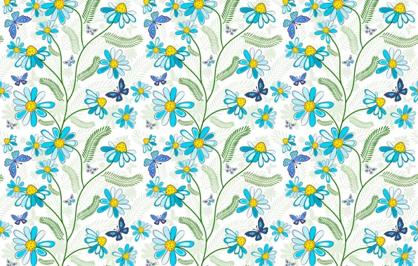 Butterfly, flowers, blue, pattern
