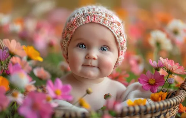 Look, flowers, face, smile, child, portrait, bouquet, girl