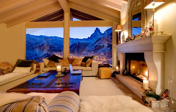 Landscape, mountains, house, rocks, fire, Windows, the evening, pillow