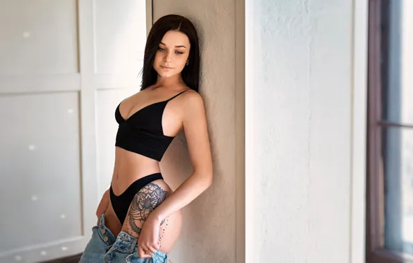 Sexy, pose, model, panties, jeans, makeup, Alina, figure