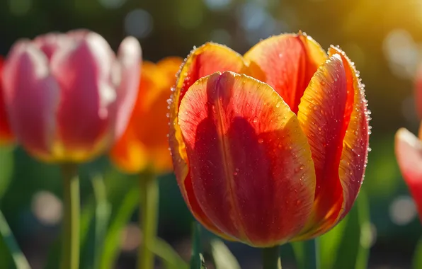 Drops, macro, light, flowers, orange, red, Tulip, spring
